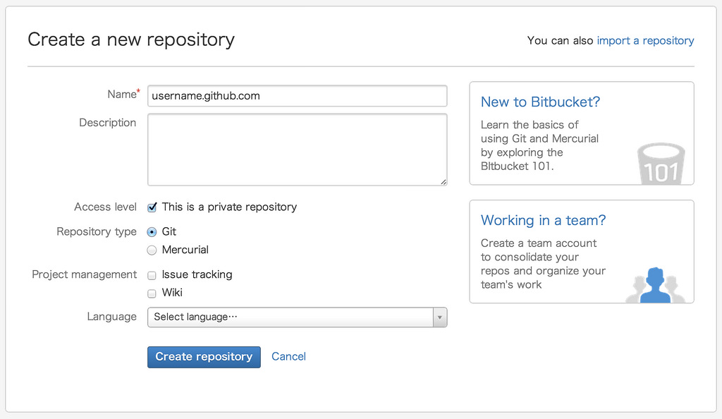 Bitbucket create new repository